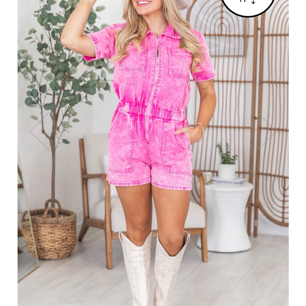 Pink Lily FOREVER MINE HOT PINK ACID WASHED DENIM ROMPER